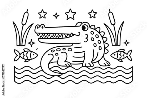 Crocodile Coloring Page. Crocodile in the middle with waves, fish, stars, and reeds arranged in a dangerous but playful symmetry,