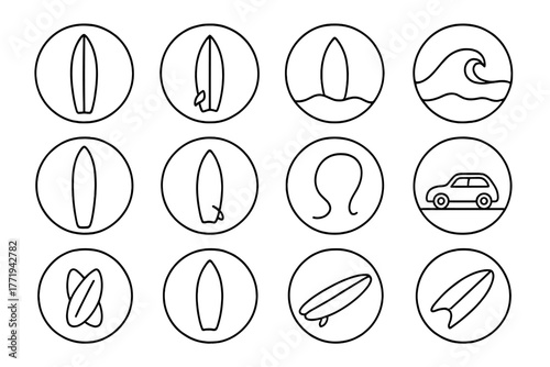 Surfboard Icons Collection. Line style icons of surfboards in round shape: upright surfboard, surfboard with fins, board in sand,