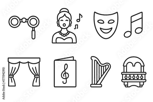 Opera Icon Line Art. Line style icons of Opera: Opera Glasses, Singer, Mask, Music Note, Curtain, Program, Harp, Balcony, No text,