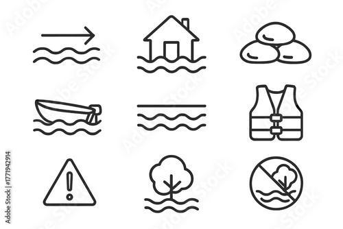 Flash Flood Icons. Line style icons of Flash Flood: Fast Current, Rising Water, Sandbag, Rescue Boat, High Water Mark, Life Jacket