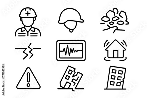 Earthquake Rescue Icons. Line style icons of Earthquake Rescue: Rescue Worker, Helmet, Rubble, Cracked Ground, Seismogram,
