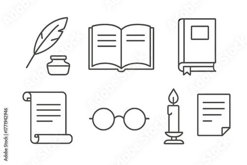 Literature Icon Set. Line style icons of Literature: Quill Pen, Inkwell, Open Book, Chapter, Scroll, Glasses, Candle, Manuscript,