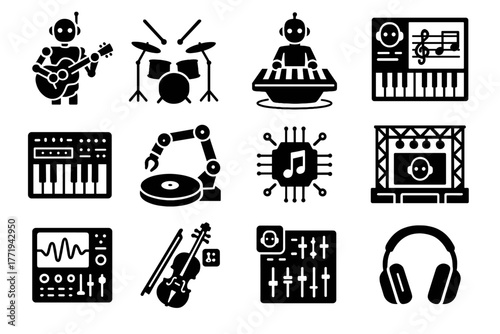 Tech wave music icon mixing digital ai chip futuristic vector player guitar