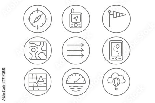 Balloon Navigation Icons. Line style icons of balloon navigation in round shape: compass, GPS device, wind direction vane,