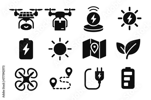 Energy vector cable carrying sun battery power icon drone solar map