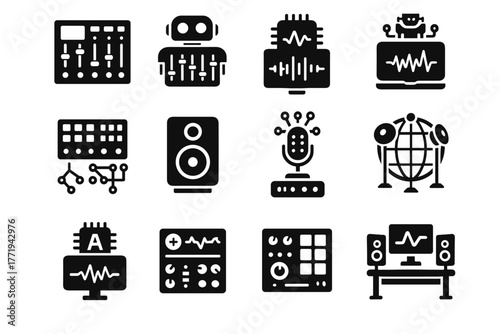 Unit microphone analyzer reverb soundboard equalizer vector sound icon wave robotic ai