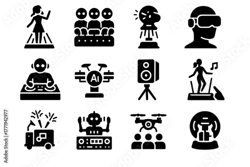 Robotic audience holographic futuristic vector pod concert camera crowd icons singer virtual