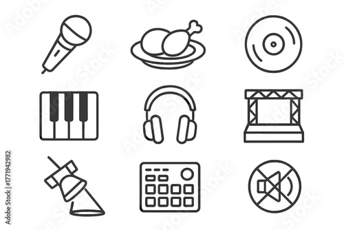 R&B Music Icons. Line style icons of R&B Music: Microphone, Soul Food, Vinyl Record, Piano, Headphones, Stage, Spotlight, Drum