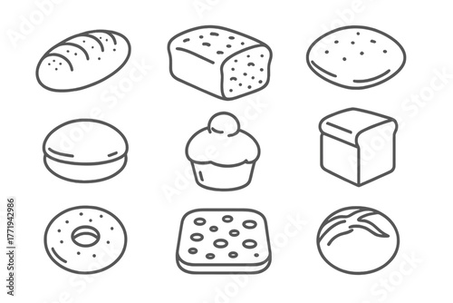 Line Style Bread Icons. Line style icons of Bread types: sourdough loaf, rye bread, ciabatta, pita, brioche, sandwich bread, bagel