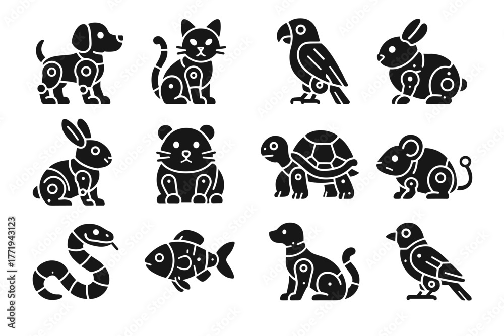 Obraz premium Robotic ferret cat pet fish vector turtle dog snake ai parrot icon