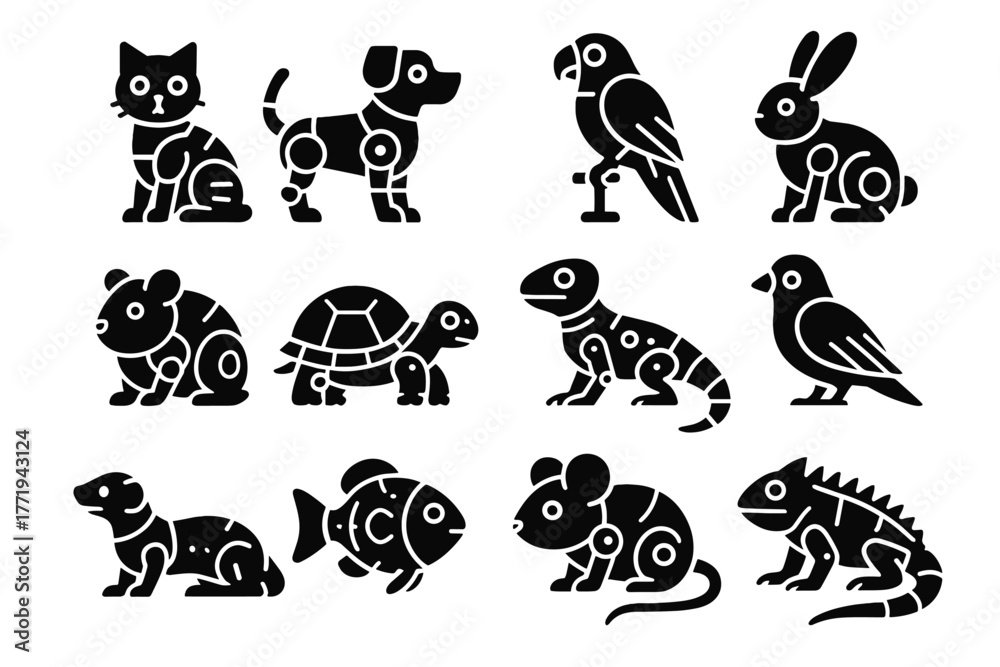 Fototapeta premium Pets icon hamster futuristic ferret rabbit iguana robot bird robotic mouse parrot