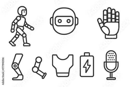 Humanoid Robot Icons. Line style icons of Humanoid Robots: Walking Robot, Robot Head, Eye Camera, Hand, Leg Joint, Chest Plate,