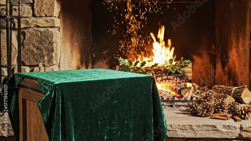 Cozy Hearthside Scene Festive Green Velvet Table Cover Warm Fireplace Glow Holly Berries Pine Cones Cinnamon Sticks Rustic Stone Wall Fireplace Tools Cozy Winter Ambiance... Podium