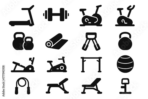 Treadmill weight gym yoga smart icon rope bench vector ball dumbbells kettlebells