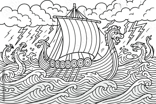 Viking Ship Adventure. Viking longship sailing through stormy seas with dragon-headed prow, thunder, and sea serpents rising,