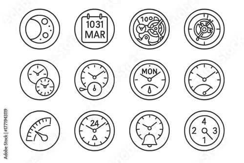 Watch Complications Icons. Line style icons of watch complications in round shape: moon phase, perpetual calendar, tourbillon,