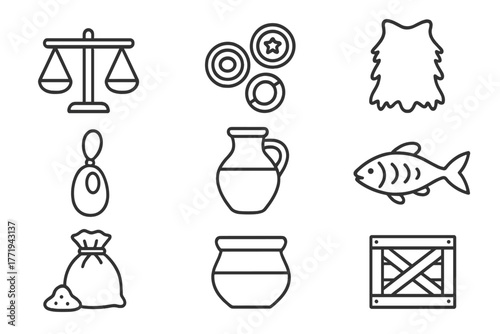 Viking Trade Icons. Line style icons of Viking trade: scales, coins, fur pelt, amber bead, pottery jug, fish, spice bag, wooden