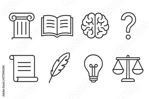 Philosophical Icons in Line. Line style icons of Philosophy: Greek Column, Open Book, Brain, Question Mark, Scroll, Feather Pen,