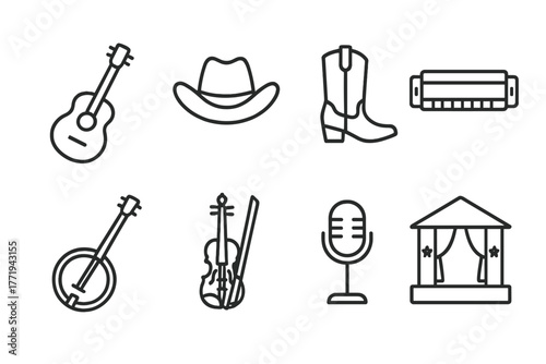 Country Music Icons. Line style icons of Country Music: Acoustic Guitar, Cowboy Hat, Boots, Harmonica, Banjo, Fiddle, Microphone,