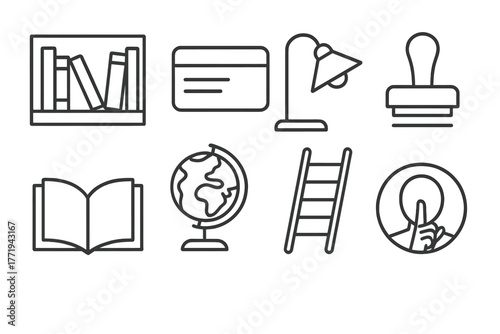 Library Icon Set. Line style icons of Library: Bookshelf, Library Card, Reading Lamp, Due Date Stamp, Open Book, Globe, Ladder,