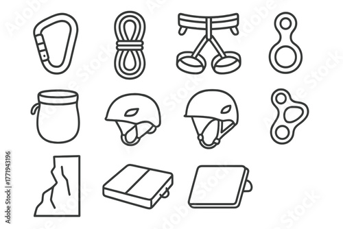 Rock Climbing Icons. Line style icons of Rock Climbing: Carabiner, Rope, Harness, Chalk Bag, Helmet, Belay Device, Cliff Face,