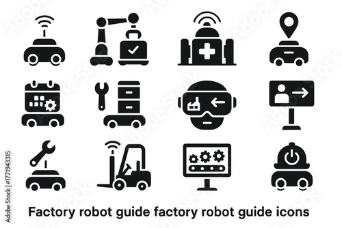 Vector guidance schedule factory zone parts icon robot assistant bot shutdown