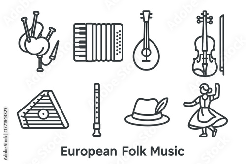 European Folk Music Icons. Line style icons of European Folk Music: Bagpipes, Accordion, Mandolin, Violin, Zither, Flute, Folk Hat
