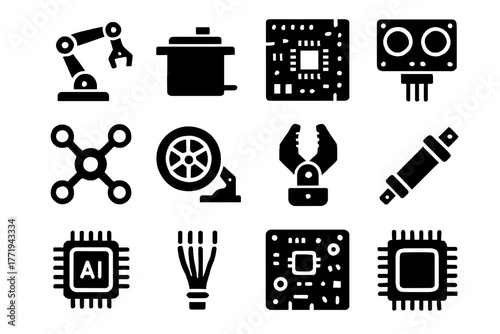 Vector servo microprocessor icon chip wheel board icons robotics module virtual sensor