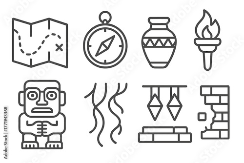 Explorer's Temple Icons. Line style icons of Explorer’s Temple: Map, Compass, Torch, Stone Idol, Relic, Vines, Trap, Broken Wall,