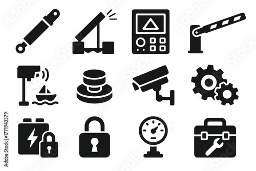 Control module energy emergency vector mechanism drawbridge automation icons stop camera backup