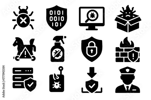 Cybersecurity quarantine icons code computer mark security trojan binary vector icon server