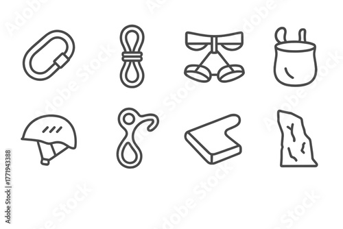 Rock Climbing Icons. Line style icons of Rock Climbing: Carabiner, Rope, Harness, Chalk Bag, Helmet, Belay Device, Cliff Face,