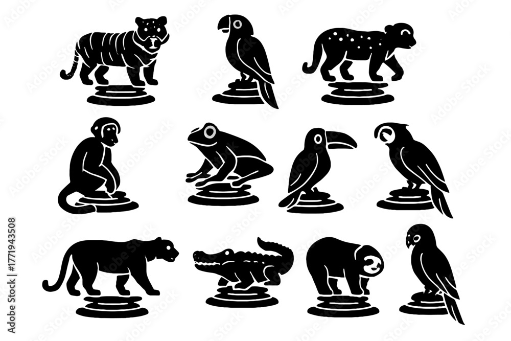 Naklejka premium Icon vector macaw panther tree tiger toucan jungle jaguar holographic icons tapir