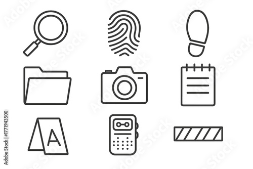 Investigation Line Icons. Line style icons of Investigation: Magnifying Glass, Fingerprint, Footprint, File Folder, Camera,