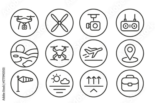 Aerial Photography Icons. Line style round vector icons of Aerial Photography: Drone, Propellers, Gimbal, Remote Controller; Sky