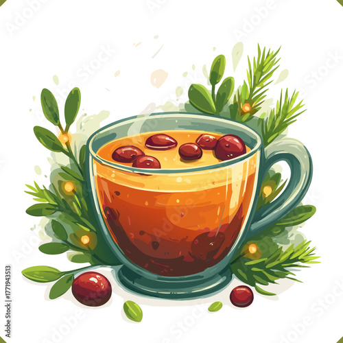Vector illustration of festive glass mug with hot berry drink and cranberries, decorated with fir branches, isolated on a white background. Vector illustration of winter beverage on white background