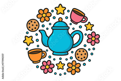 Teapot Mandala Art. Teapot in the center with cups, cookies, stars, and flowers forming a comforting mandala design, bright