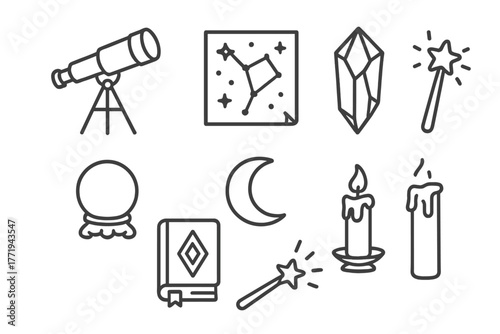 Enchanted Observatory Icons. Line style icons of Enchanted Observatory: Telescope, Star Chart, Crystal, Orb, Moon Symbol, Wand,