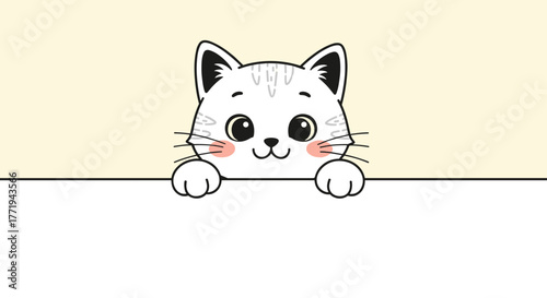 Cute cartoon white cat peeking over a blank white surface with a pale yellow background.