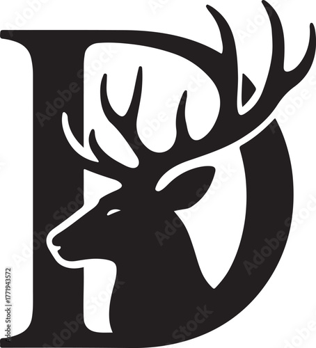 Majestic stag silhouette merged with bold letter d symbolizing nature wildlife and sophistication monogram art