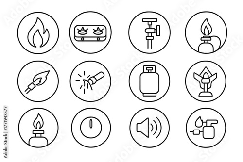 Burner Line Icons. Line style icons of burners in round shape: burner flame, twin burner unit, pilot valve, burner with hose;