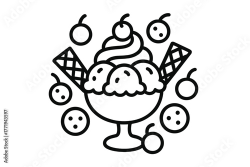 Ice Cream Delight. Ice cream sundae in the center with whipped cream, wafers, cherries, and cookies arranged in balanced circular