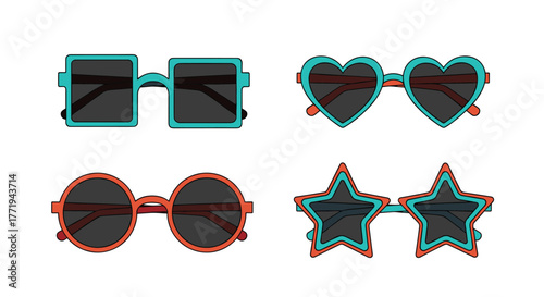 Four pairs of cartoon sunglasses in different shapes and colors on a white background.