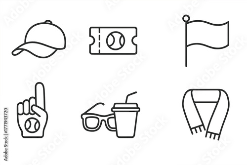 Tennis Fan Essentials. Line style icons of Tennis Fan: Cap, Ticket, Sunglasses, Flag, Foam Finger, Drink Cup, Camera, Scarf, No