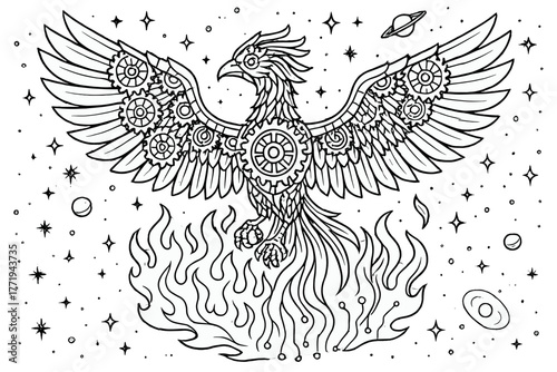 Mechanical Phoenix Rising. Mechanical phoenix rising with wings of gears, flames turning into wires, and cosmic background, black
