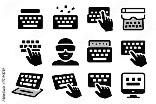 Augmented headset keyboard icon panel letters virtual ar vector gestures floating