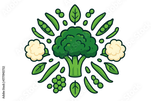 Vegetable Mandala Design. Broccoli in the middle with cauliflower, beans, peas, and leaves radiating outward in healthy mandala