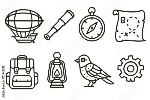 Steampunk Exploration Icons. Line style icons of Steampunk Exploration: Airship, Spyglass, Compass, Map, Backpack, Lantern,