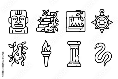 Jungle Temple Treasures. Line style icons of Jungle Temple: Stone Idol, Overgrown Stairs, Hidden Trap, Ancient Relic, Vines, Torch