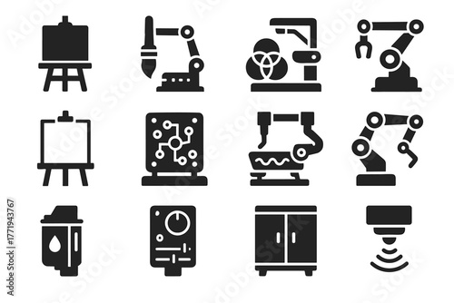 Automation arm icon sensor controller control storage icons tray paintbrush robotic vector